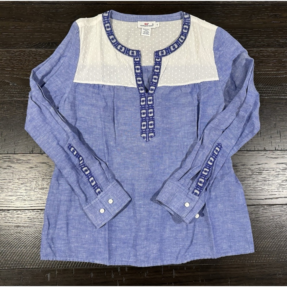 Vineyard Vines Linen Cotton Long Sleeve Chambray Embroidered Shirt, S